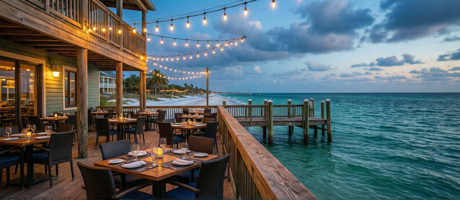 Outdoor waterfront dining at Baytowne Wharf Sandestin with string lights over the patio and bayou views at dusk