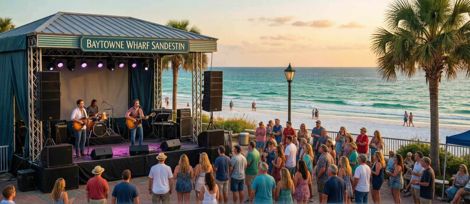 Outdoor live music performance in the village plaza at Baytowne Wharf Sandestin with a crowd of vacationers enjoying a warm summer evening