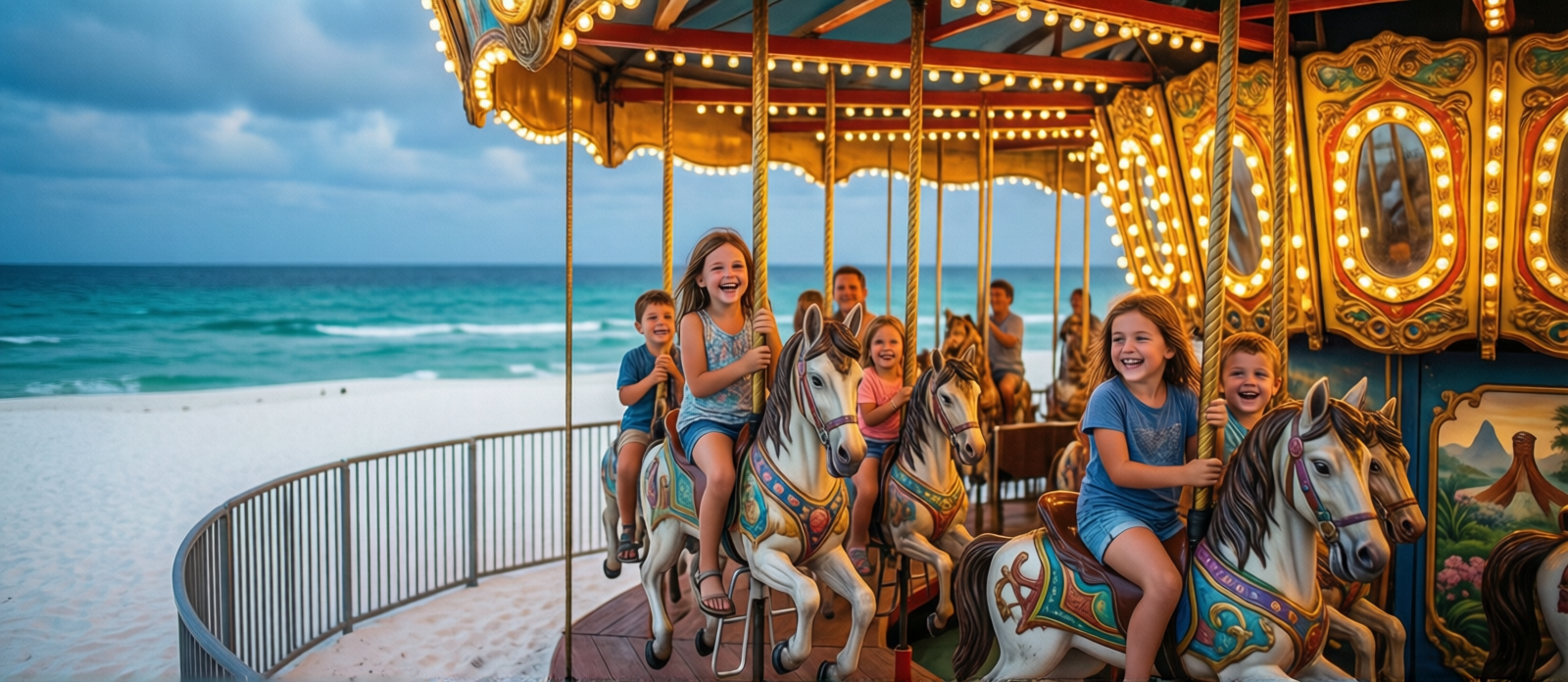 Children laughing and riding a brightly lit colorful carousel at StingrAy's entertainment area at Baytowne Wharf Sandestin on a summer evening