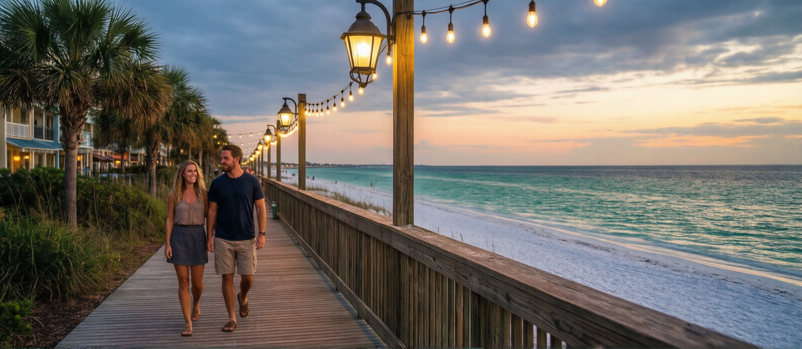 Couple walking along the lamp-lit bayfront boardwalk at the Village of Baytowne Wharf at sunset with calm water and string lights overhead