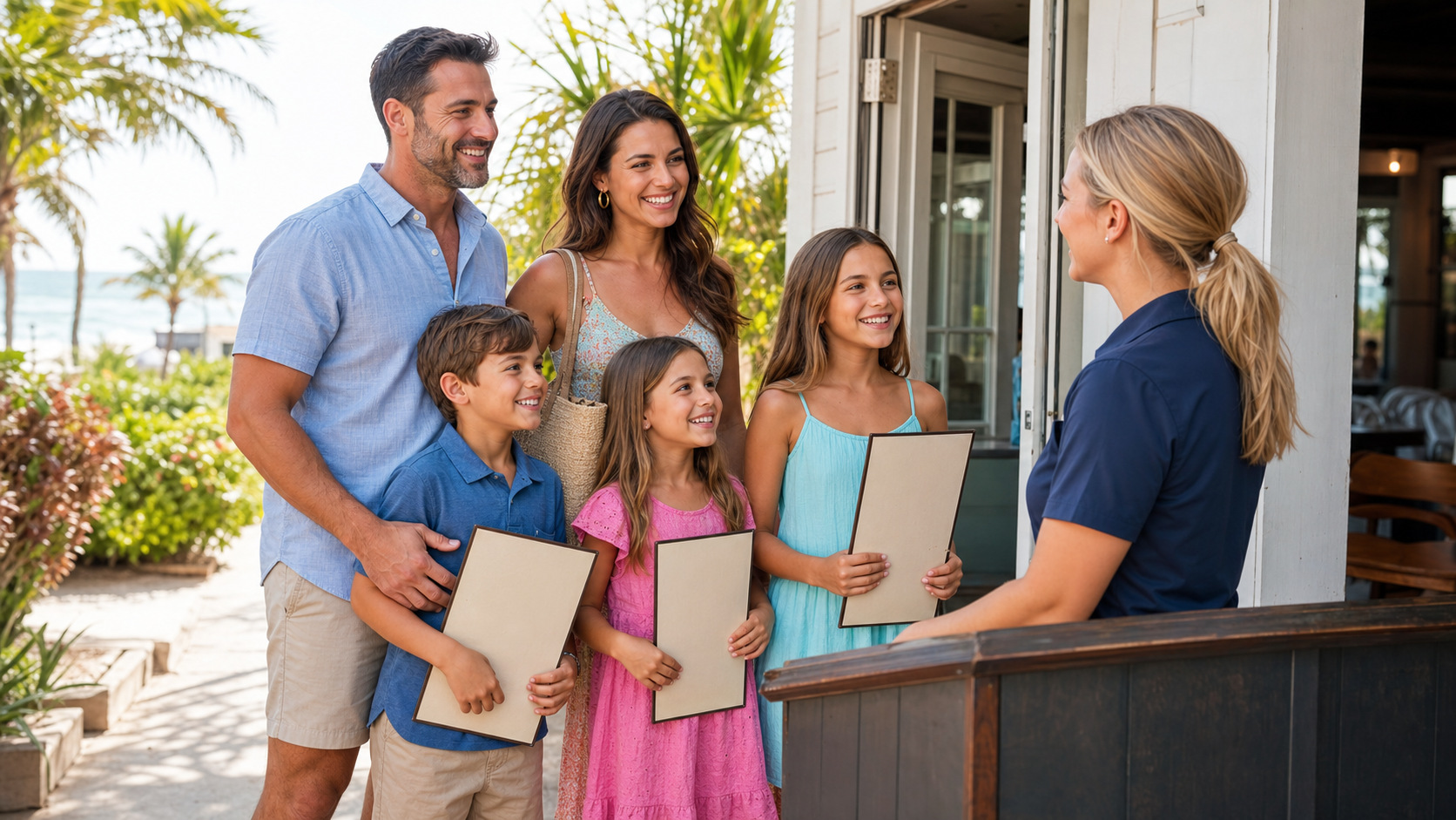 A smiling family of five checking in with a friendly hostess at a casual Destin Florida beach restaurant, young children holding menus, bright outdoor entrance with tropical landscaping
