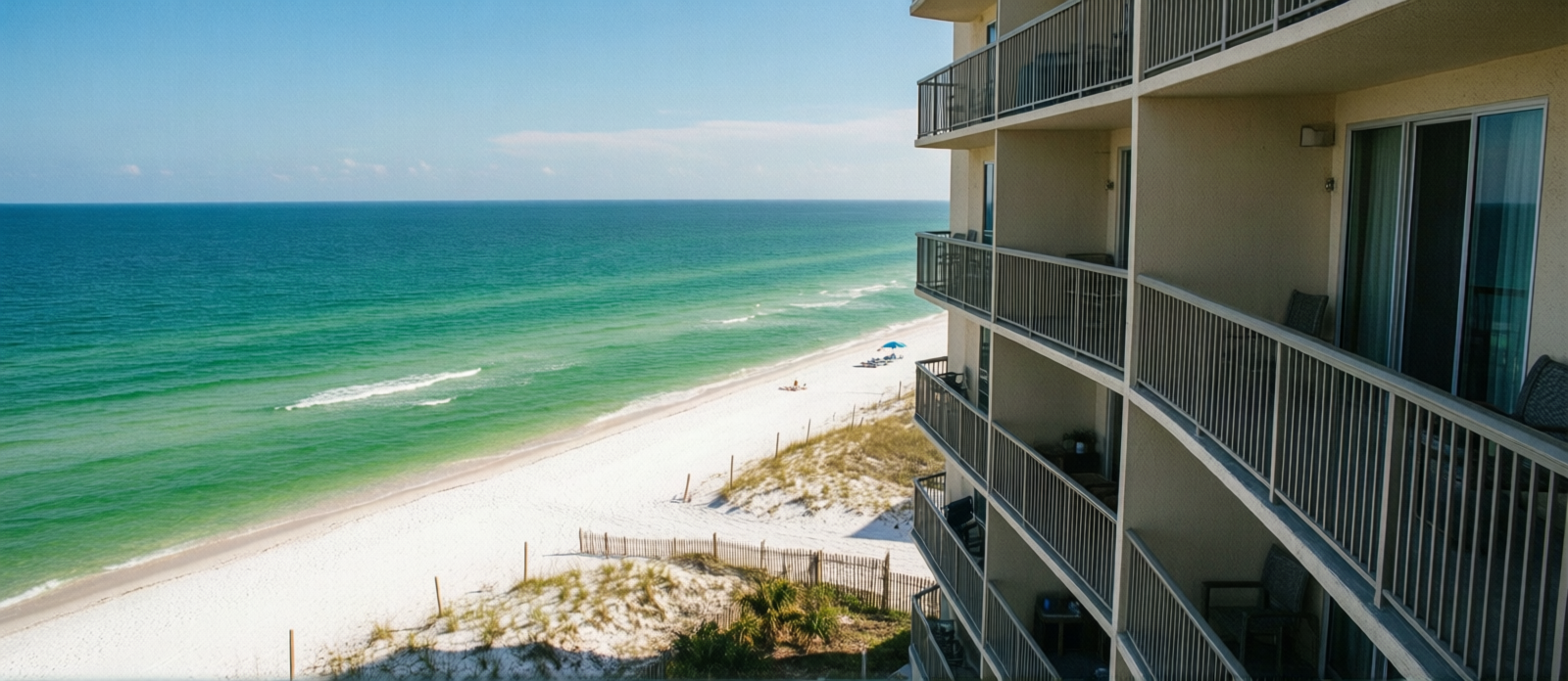 Gulf-front condo hotel tower in Destin Florida with balconies overlooking emerald green Gulf of Mexico and white sand beach