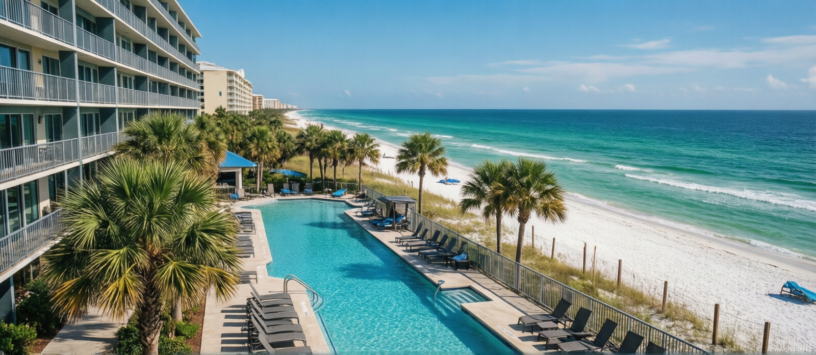 Henderson Beach Resort Destin Florida with modern architecture, Gulf-front infinity pool, palm trees, and emerald water views