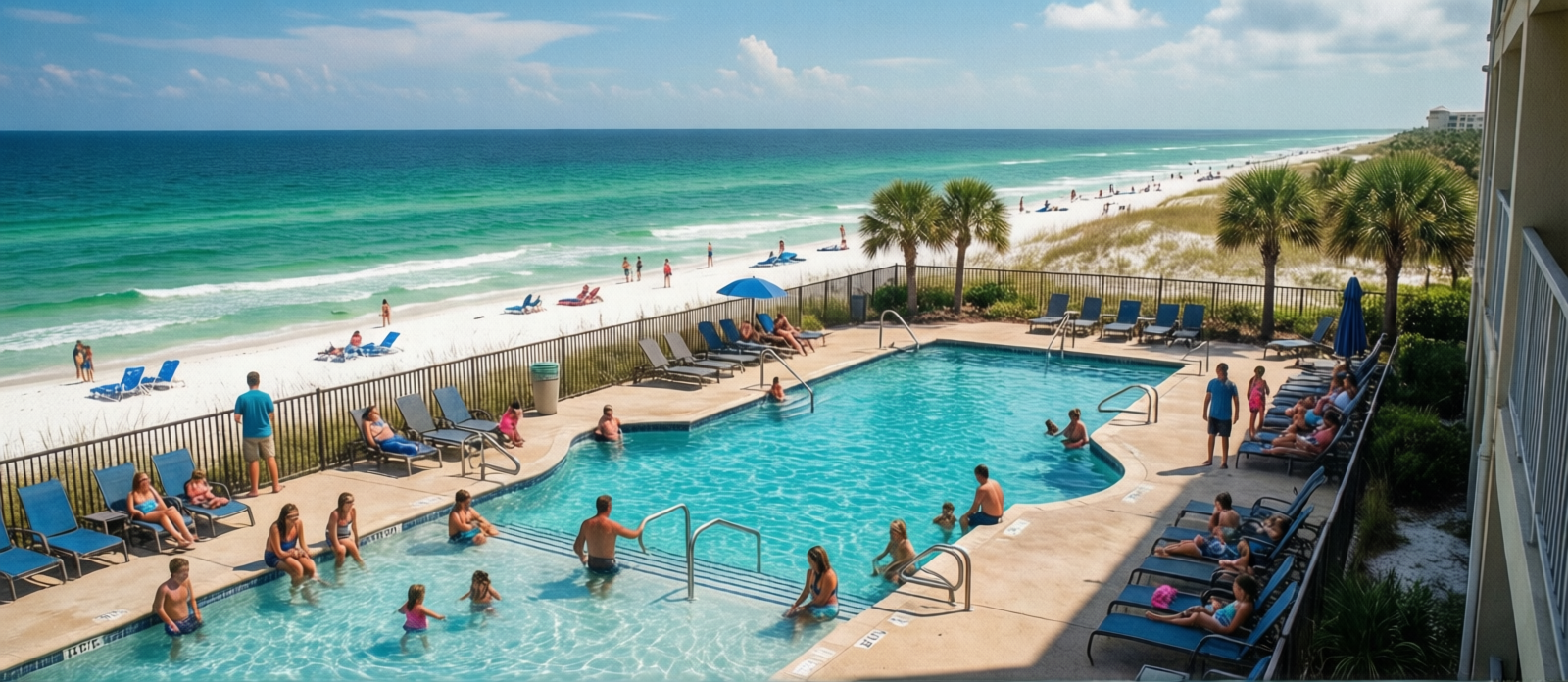 Hilton Sandestin Beach Golf Resort outdoor pool complex with families, Gulf of Mexico views, and summer vacation atmosphere in Destin Florida