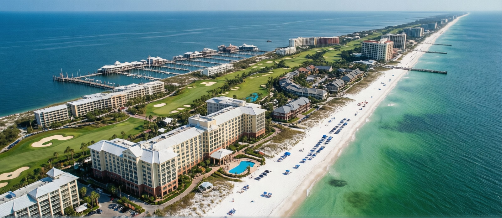 Sandestin Golf and Beach Resort aerial view showing sprawling resort grounds, marina, Baytowne Wharf village, and Gulf access in Miramar Beach Florida