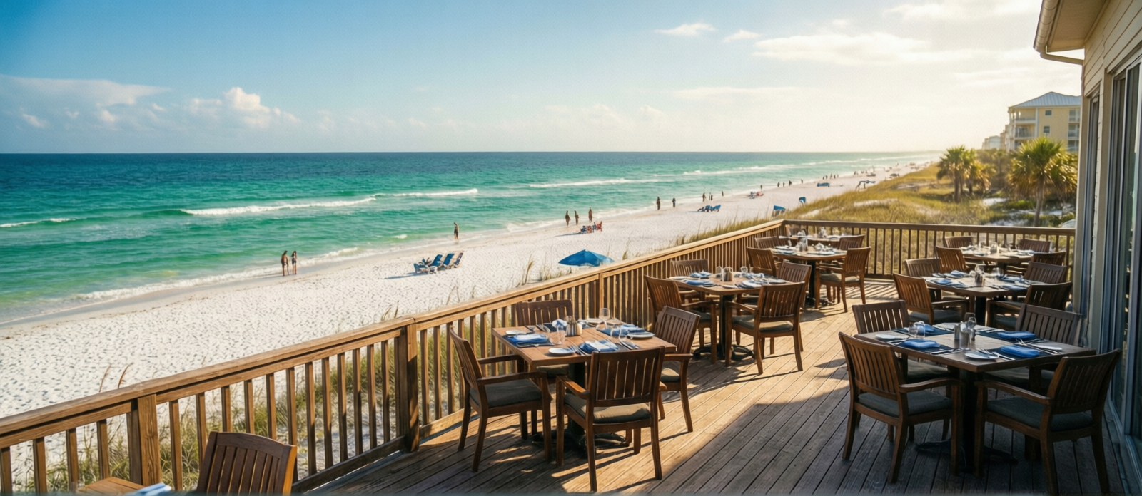 Outdoor deck dining at a beachside restaurant in Miramar Beach Florida overlooking the emerald Gulf of Mexico on a sunny afternoon