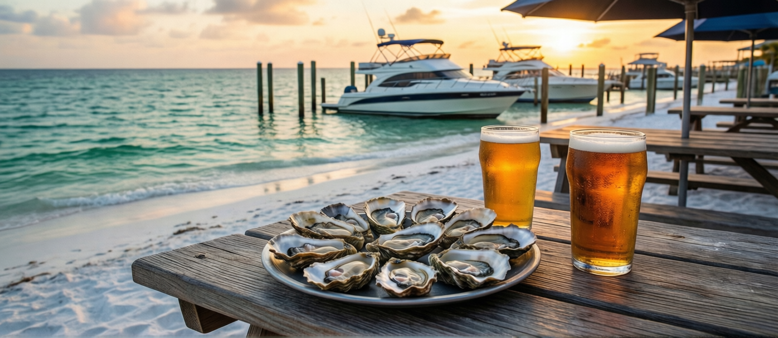 Happy hour at Boathouse Oyster Bar on Destin Harbor with raw oysters and cold beers at outdoor picnic tables, charter boats in background at sunset