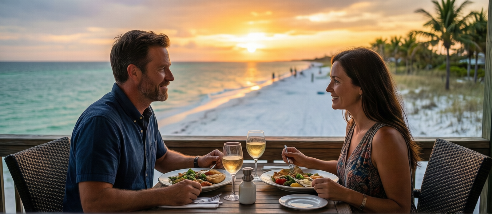 Couple having dinner at an outdoor waterfront table in Destin Florida at dusk with golden sunset light over the water
