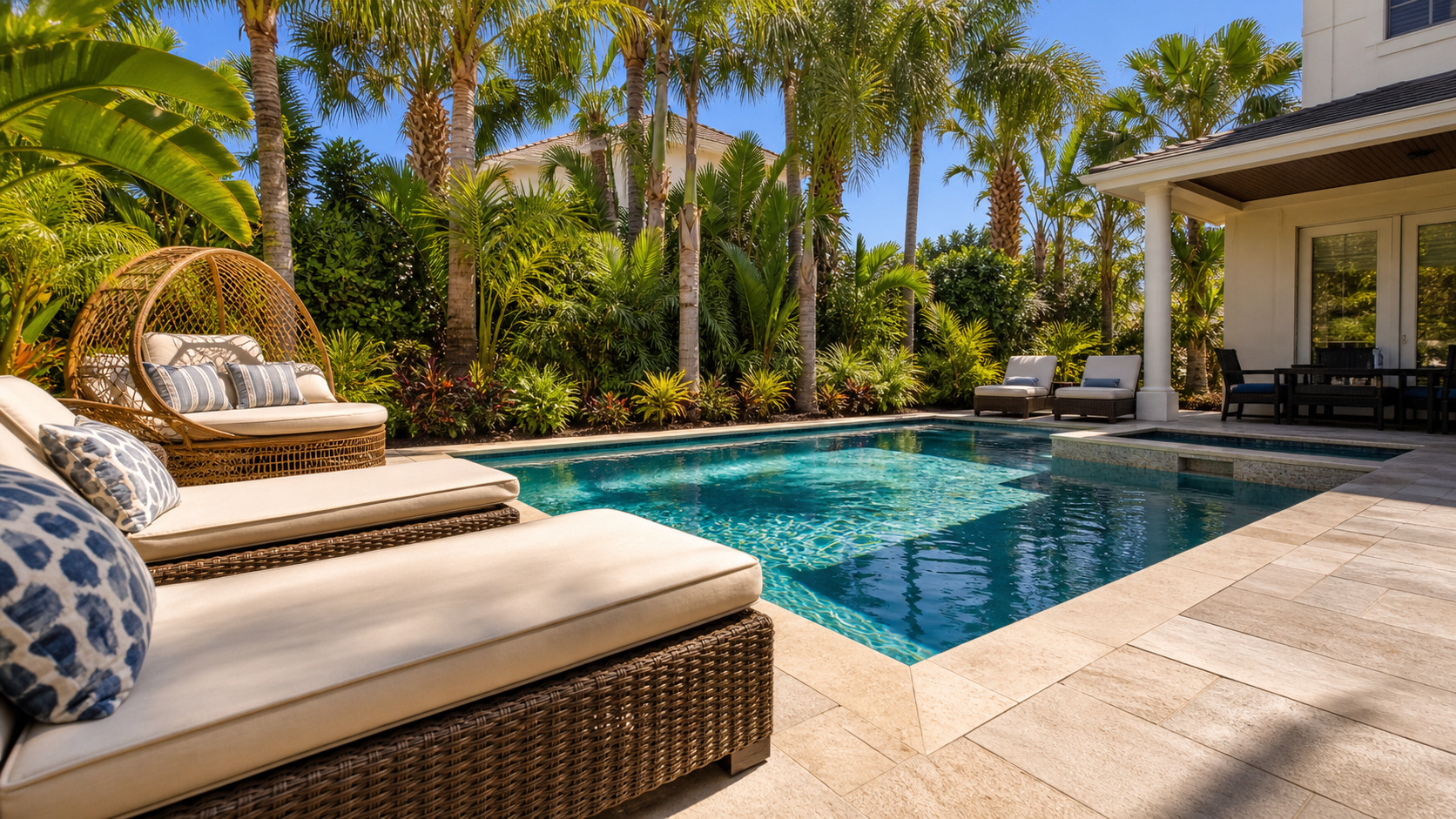 Private pool at a Miramar Beach vacation rental home with lounge chairs and tropical landscaping in warm afternoon Florida light