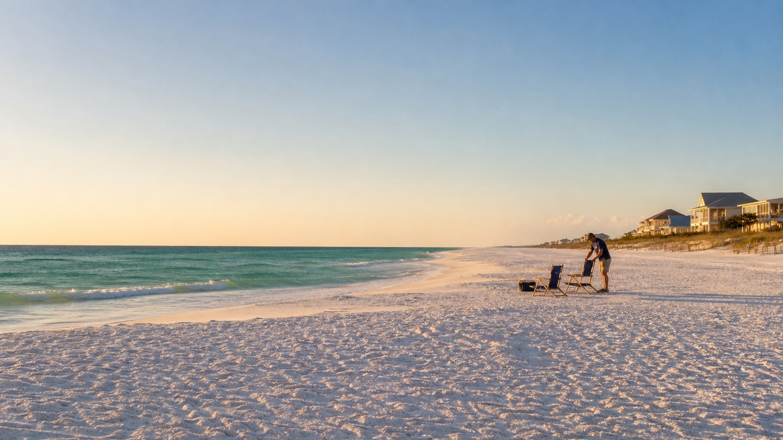 Nearly empty white sand beach at Destin Florida at golden hour early morning with a few beach chairs just being set up and emerald water glowing in soft light
