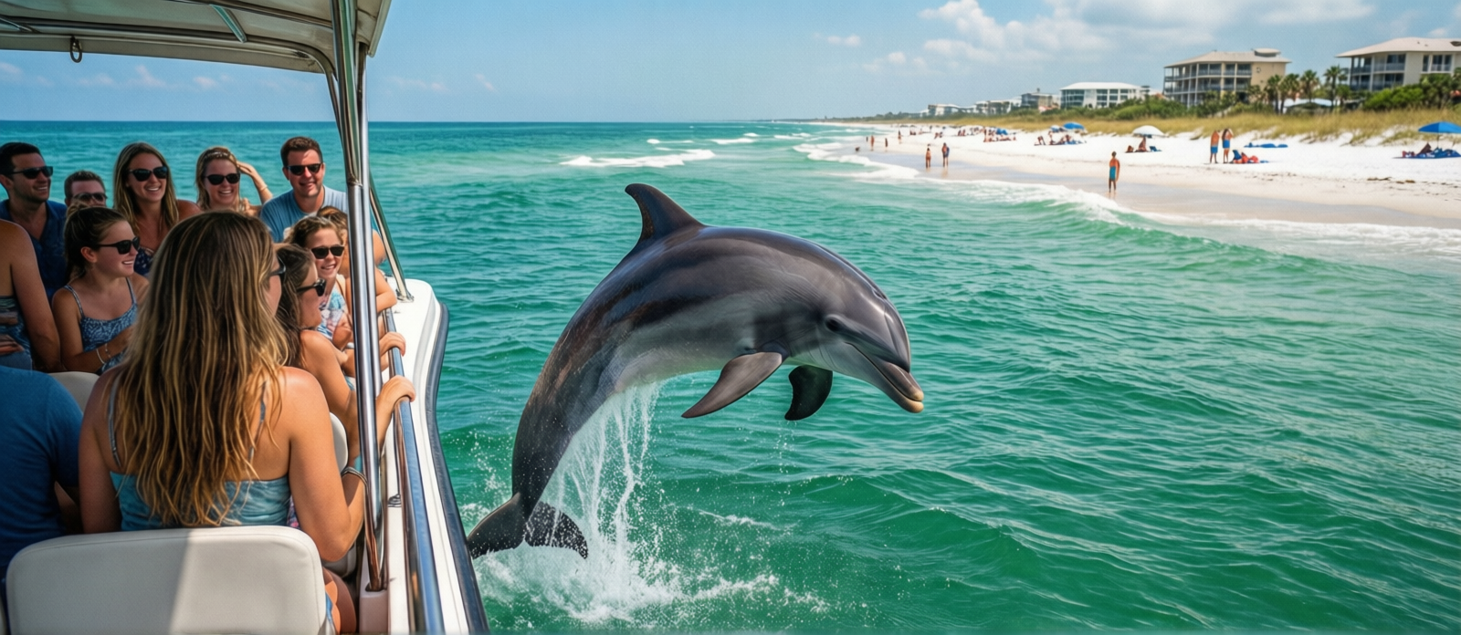 Family watching a bottlenose dolphin leap out of the emerald Gulf water alongside a tour boat in Destin Florida on a sunny summer day