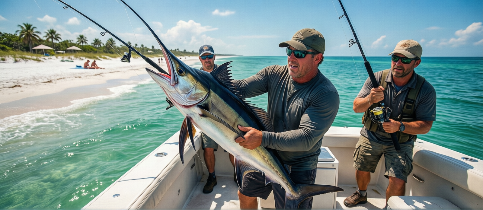Anglers on a deep sea fishing charter in the Gulf of Mexico off Destin Florida with one fisherman fighting a large fish while others watch