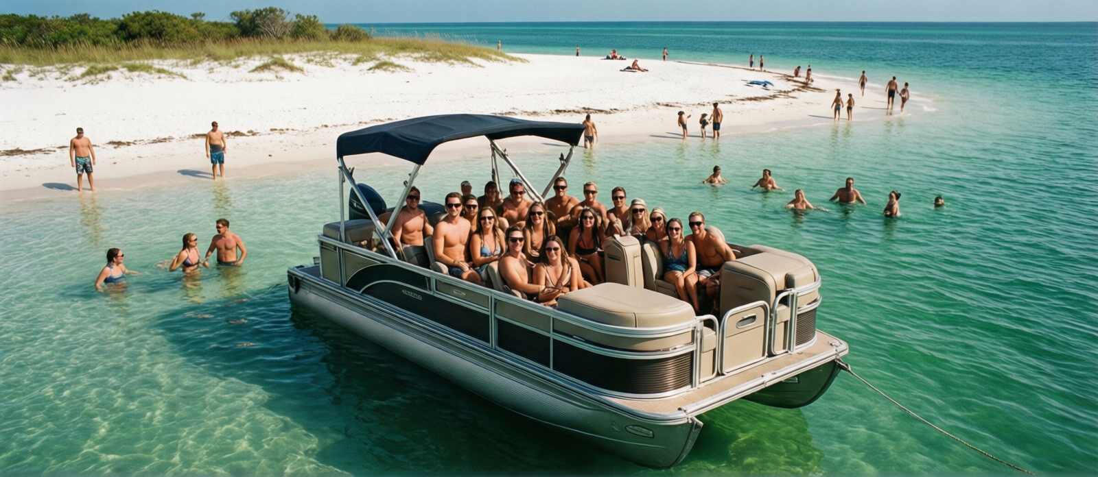 Group of friends on a rented pontoon boat anchored at Crab Island in Destin Florida with people swimming in the shallow clear emerald water around the sandbar