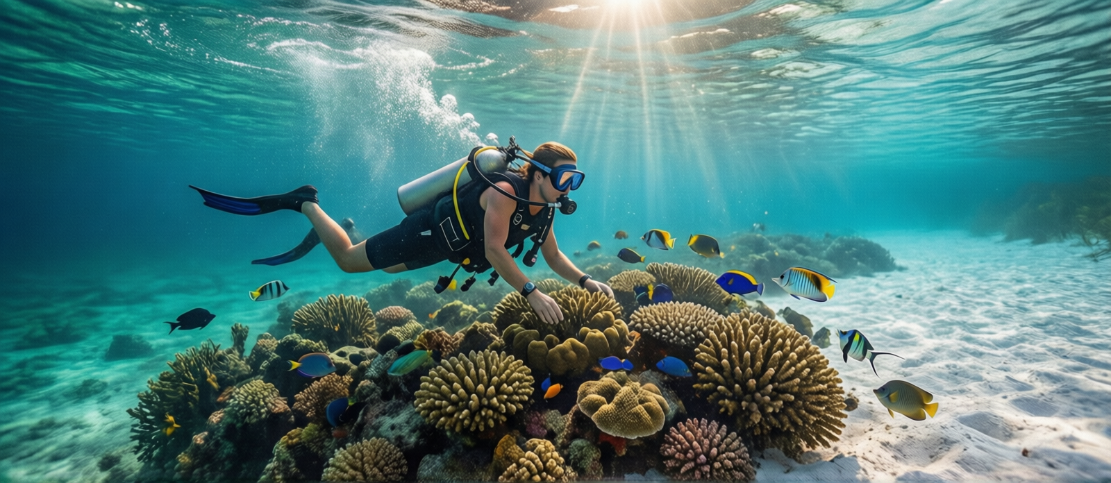 Snorkeler exploring an artificial reef in the clear emerald Gulf of Mexico off Destin Florida with tropical fish visible and sunlight filtering through the water