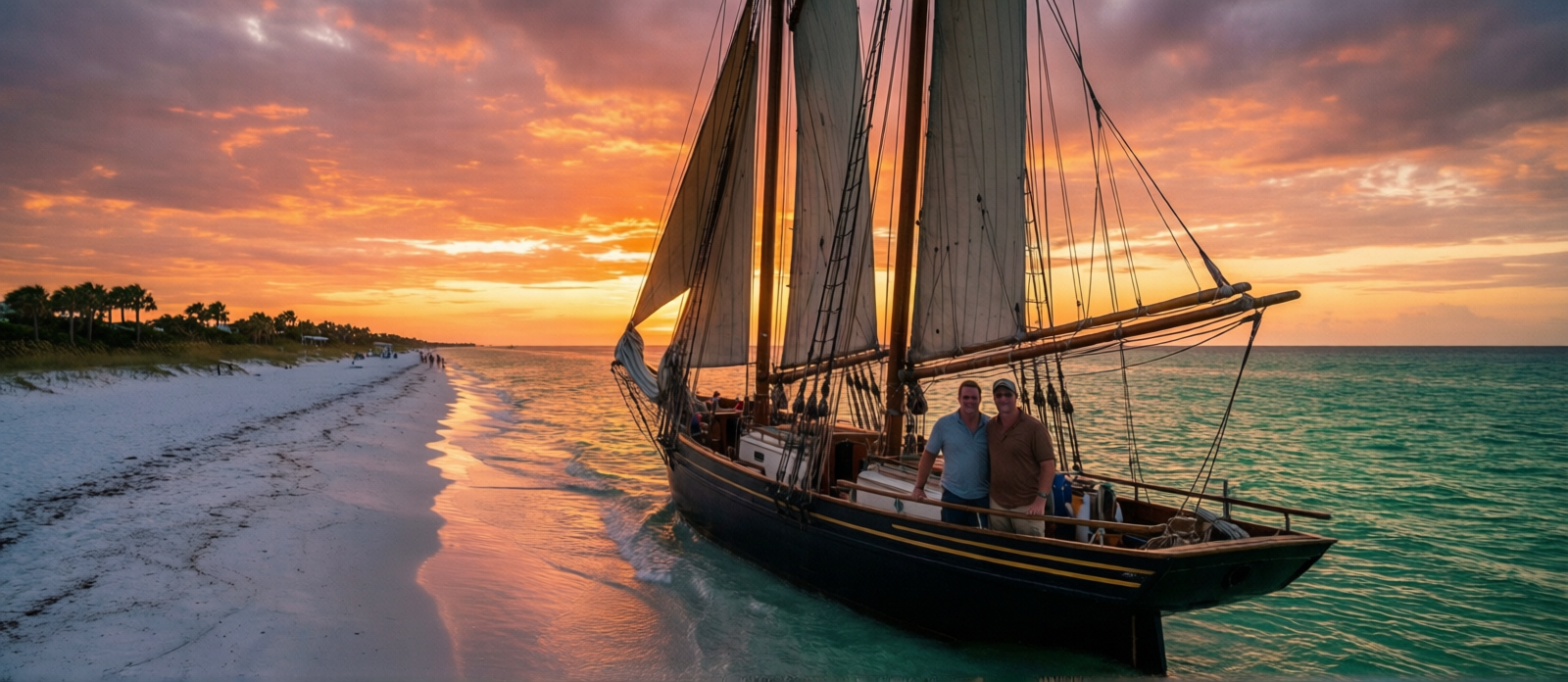 Couple on a sailing schooner cruise off Destin Florida during a dramatic orange and pink Gulf sunset with the sails silhouetted against the sky