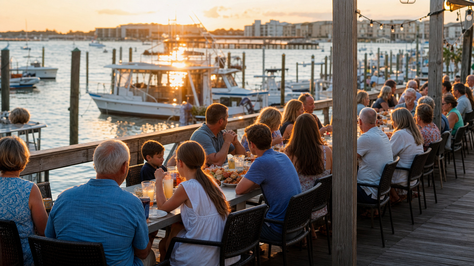 Large extended family seated at long outdoor tables at a waterfront seafood restaurant in Destin Harbor at golden hour
