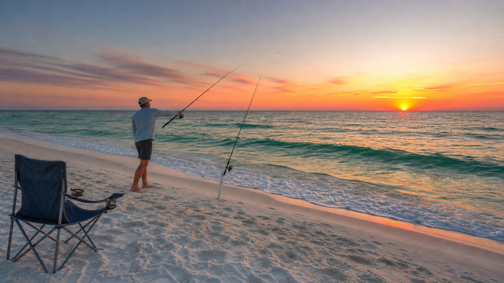 Person shore fishing at sunrise on a pristine white sand Emerald Coast beach near Destin Florida, rod in a sand spike, folding chair, pink and orange sky