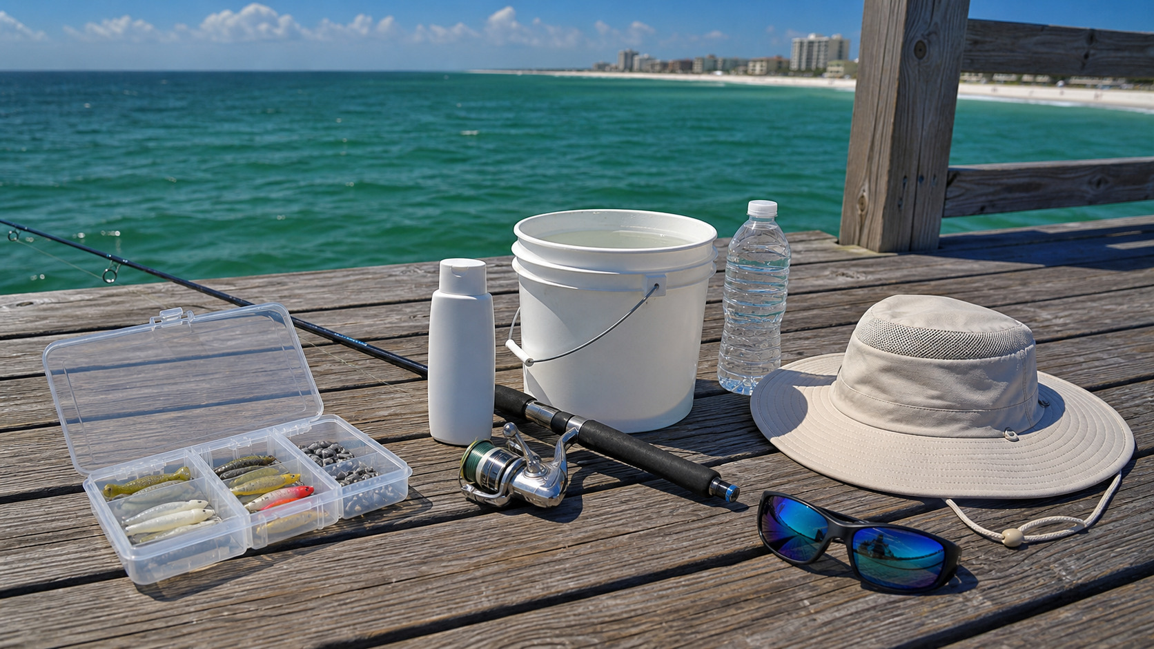Pier fishing gear organized on a wooden dock including spinning rod and reel, open tackle box, live shrimp bucket, sunscreen, and wide-brim hat in Florida sunshine