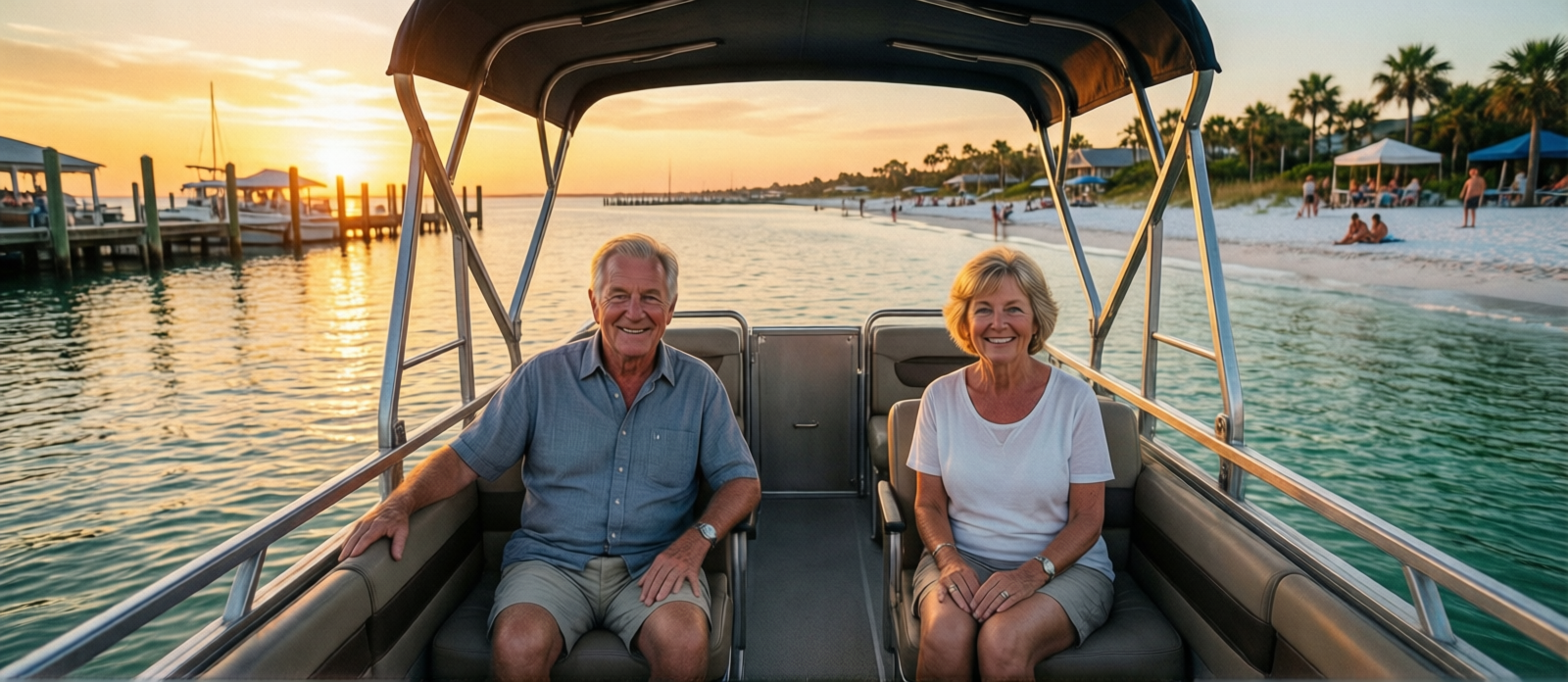 Senior couple enjoying a sunset dolphin cruise on a covered pontoon boat in Destin harbor, golden evening light reflecting on calm water