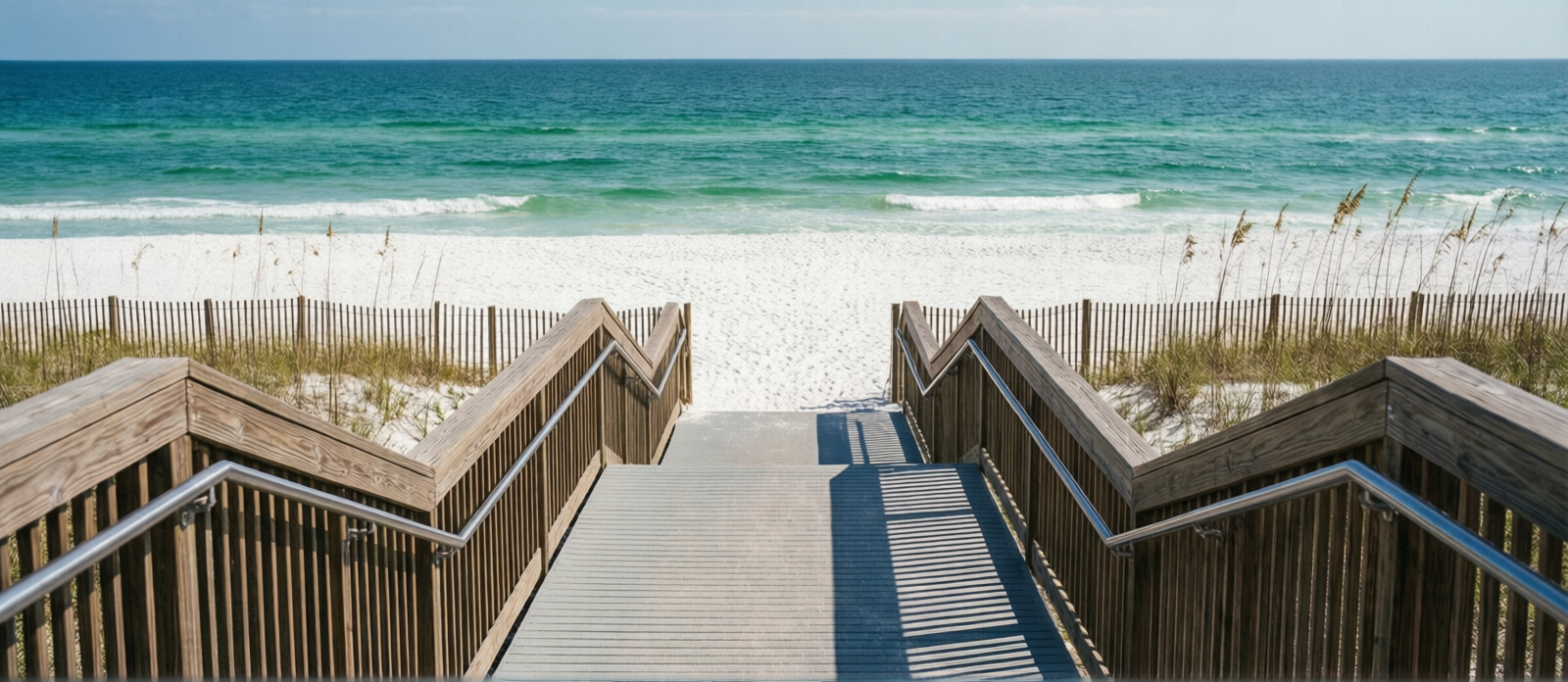 Accessible beach boardwalk with handrails at Henderson Beach State Park, paved path leading to the white sand, sunny day