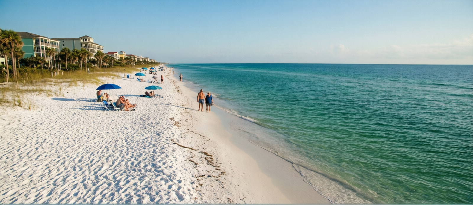 Quiet Destin beach in late September with a handful of visitors enjoying an uncrowded morning on the white sand, calm turquoise water