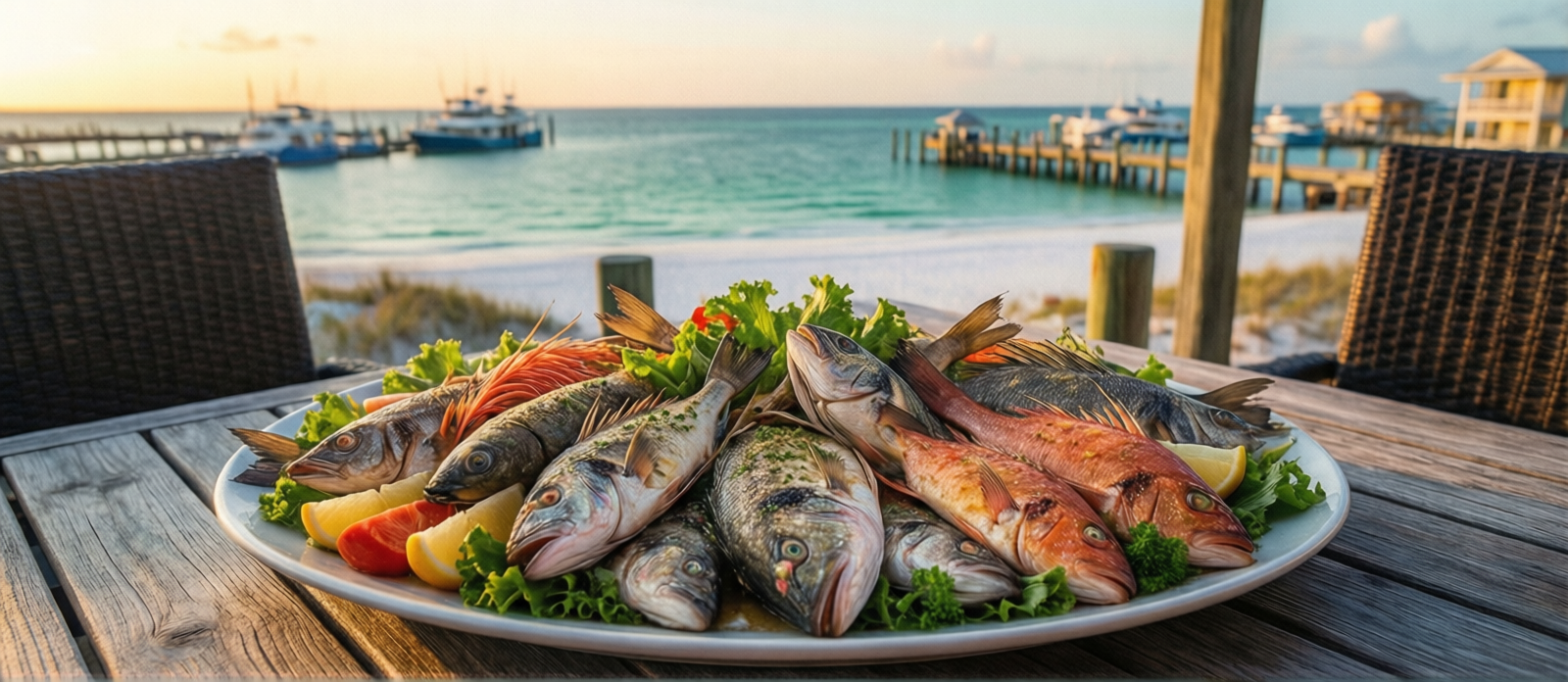 Fresh Gulf seafood platter on an outdoor waterfront restaurant table in Destin Florida at golden hour, harbor views in the background