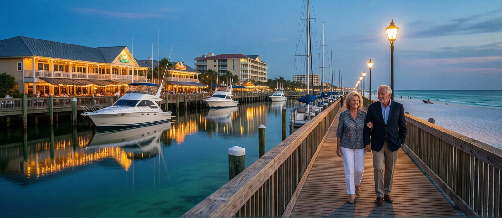 Older couple walking the Destin Harbor Boardwalk at dusk, charter boats and lit waterfront restaurants reflected in the calm harbor water