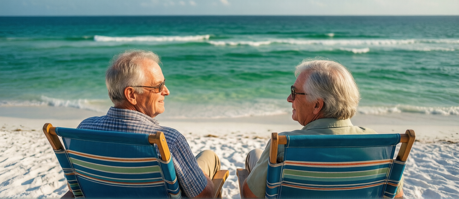 Older couple sitting in beach chairs facing the emerald green Gulf water in Destin on a peaceful fall morning