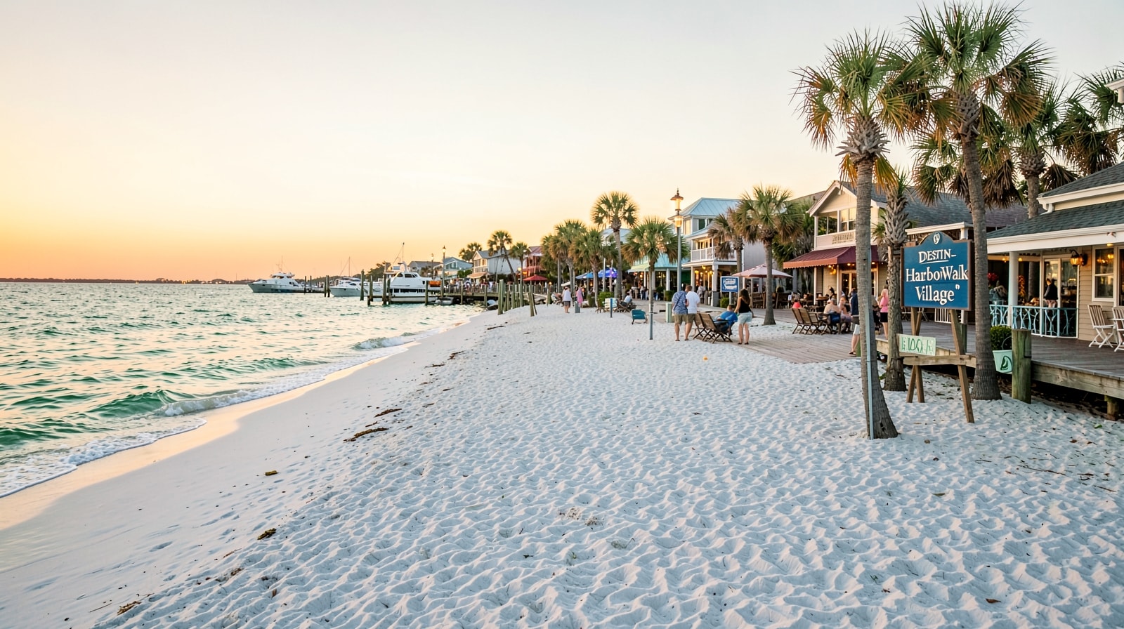 Golden hour at Destin Harbor with warm sunset light reflecting on the water