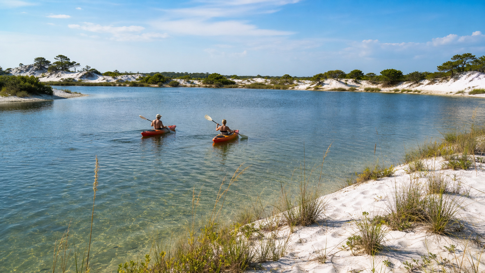 Couple paddling a kayak across a clear coastal dune lake at Topsail Hill Preserve State Park Florida, white sand dunes and blue-green water, morning light