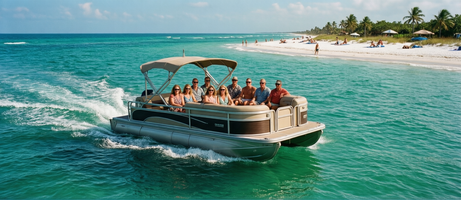 Group of 10 adults on a large pontoon boat cruising the turquoise waters near Crab Island in Destin Florida on a sunny day