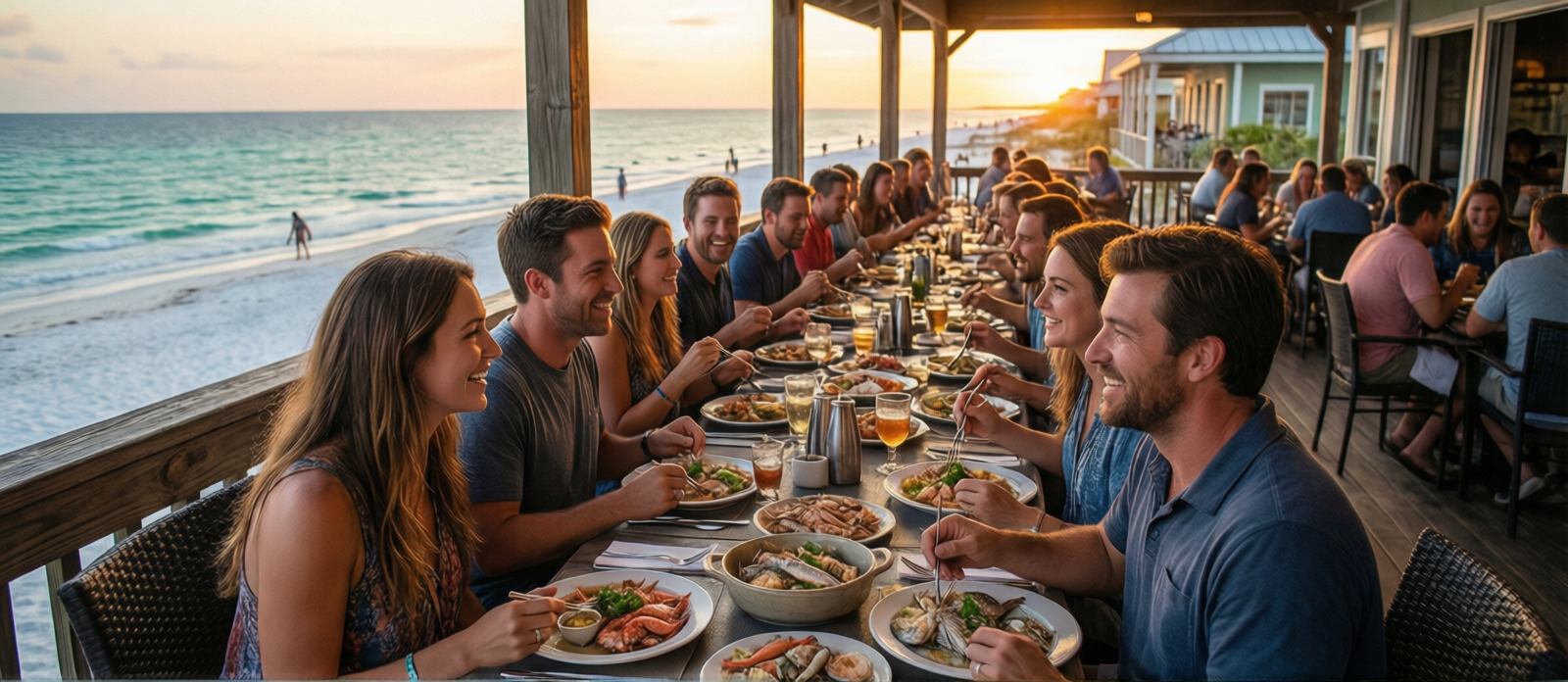 Large group of friends dining together at a long outdoor table at a waterfront seafood restaurant in Destin at sunset