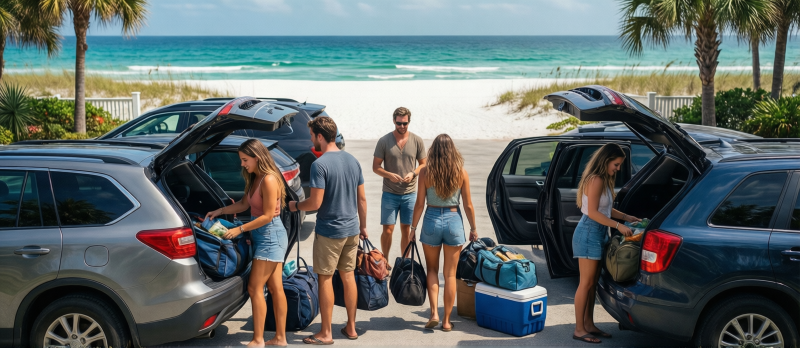 Group of friends arriving at a vacation rental in Destin Florida unpacking bags and coolers from multiple cars in the driveway
