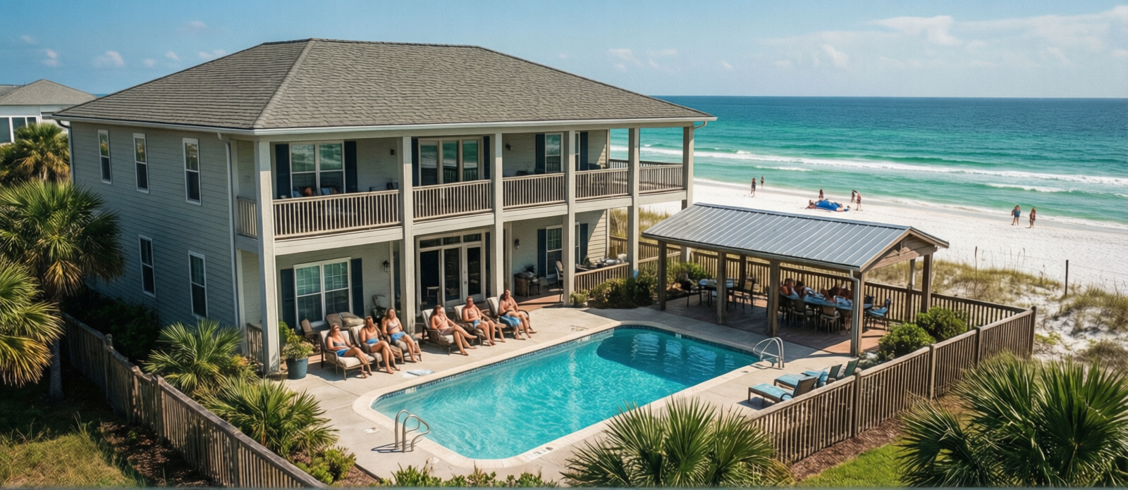 Spacious Florida vacation rental house with private pool and covered patio in Miramar Beach with a group of friends relaxing outside