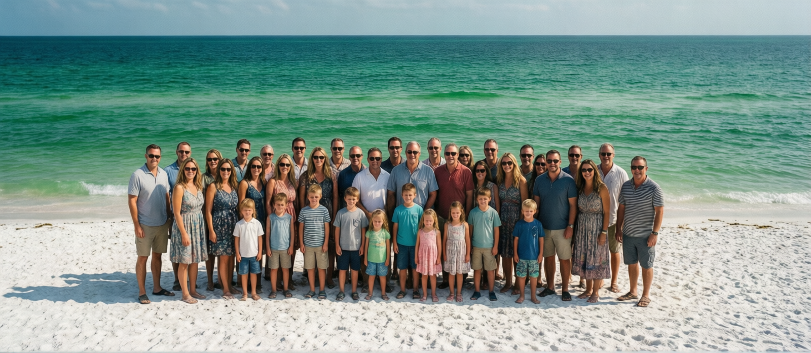 Large group of adults and children on the white sand beach in Destin Florida with emerald green Gulf water in the background