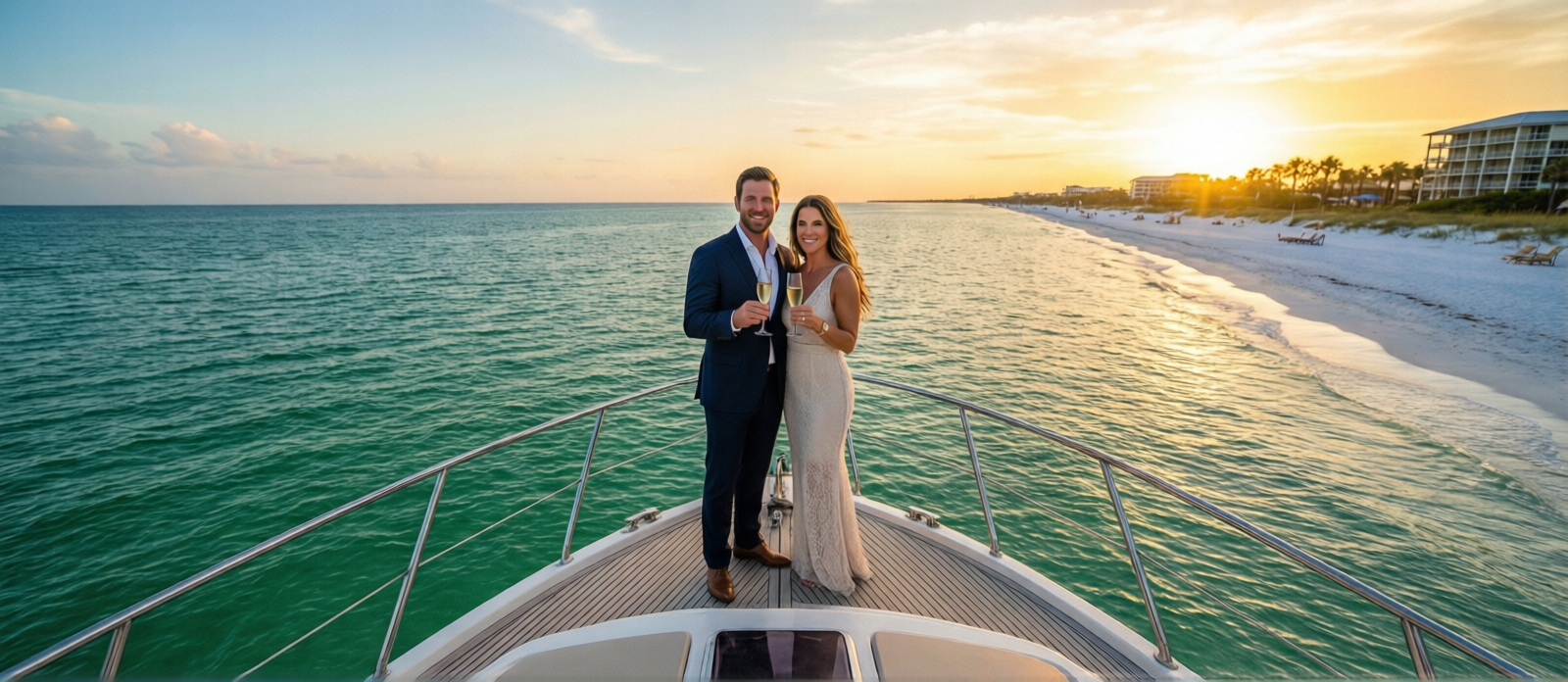 Couple standing at the bow of a private charter boat at sunset over the emerald Gulf of Mexico near Destin Florida, champagne glasses raised