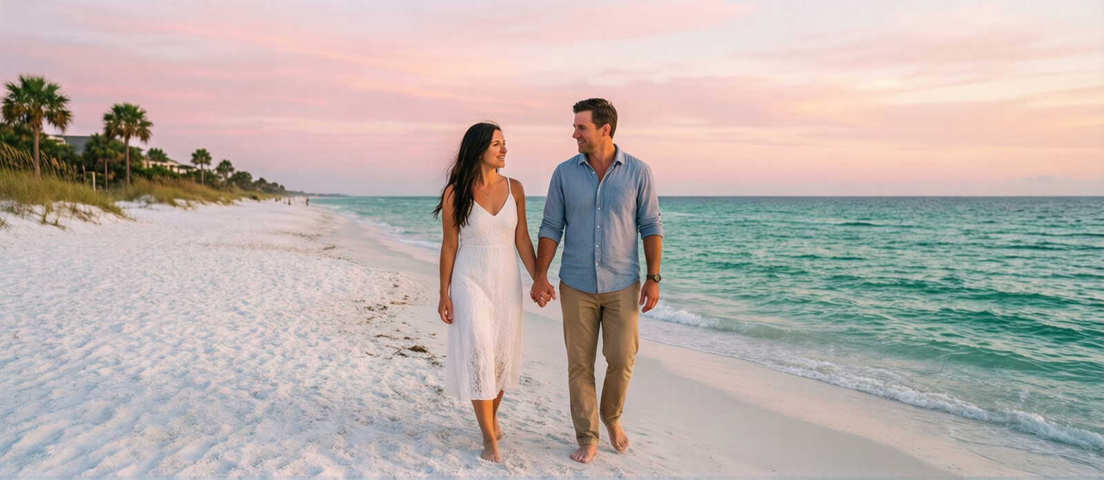 Couple walking hand in hand on empty white sand beach at Henderson Beach State Park in Destin Florida at sunrise with soft pink morning sky