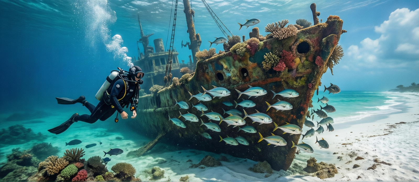Scuba diver swimming through a large sunken shipwreck covered in coral surrounded by amberjack fish in the Gulf of Mexico near Destin