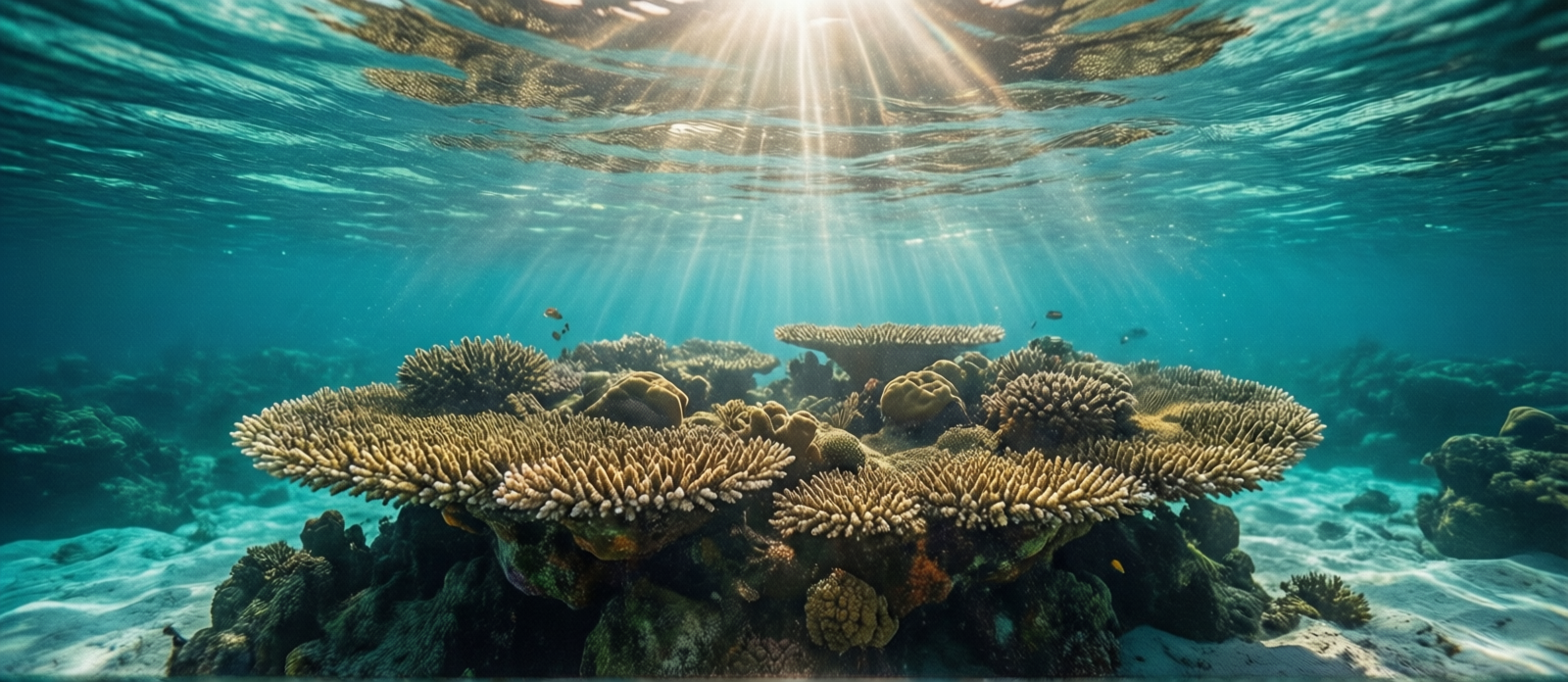 Underwater view of crystal-clear emerald Gulf water off Destin with sunlight filtering down to a coral-covered reef structure below