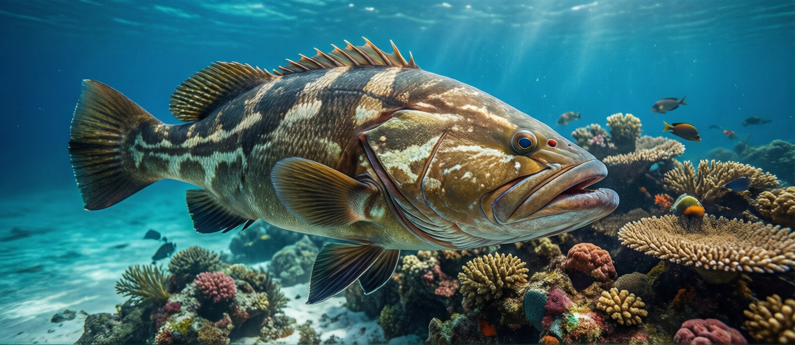 Enormous goliath grouper fish hovering near a coral-covered artificial reef structure underwater in the Gulf of Mexico near Destin Florida