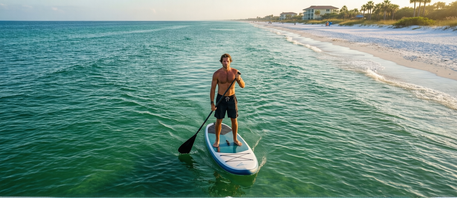 Solo male paddleboarder gliding across glassy emerald water in the backbay near Destin Florida, morning light