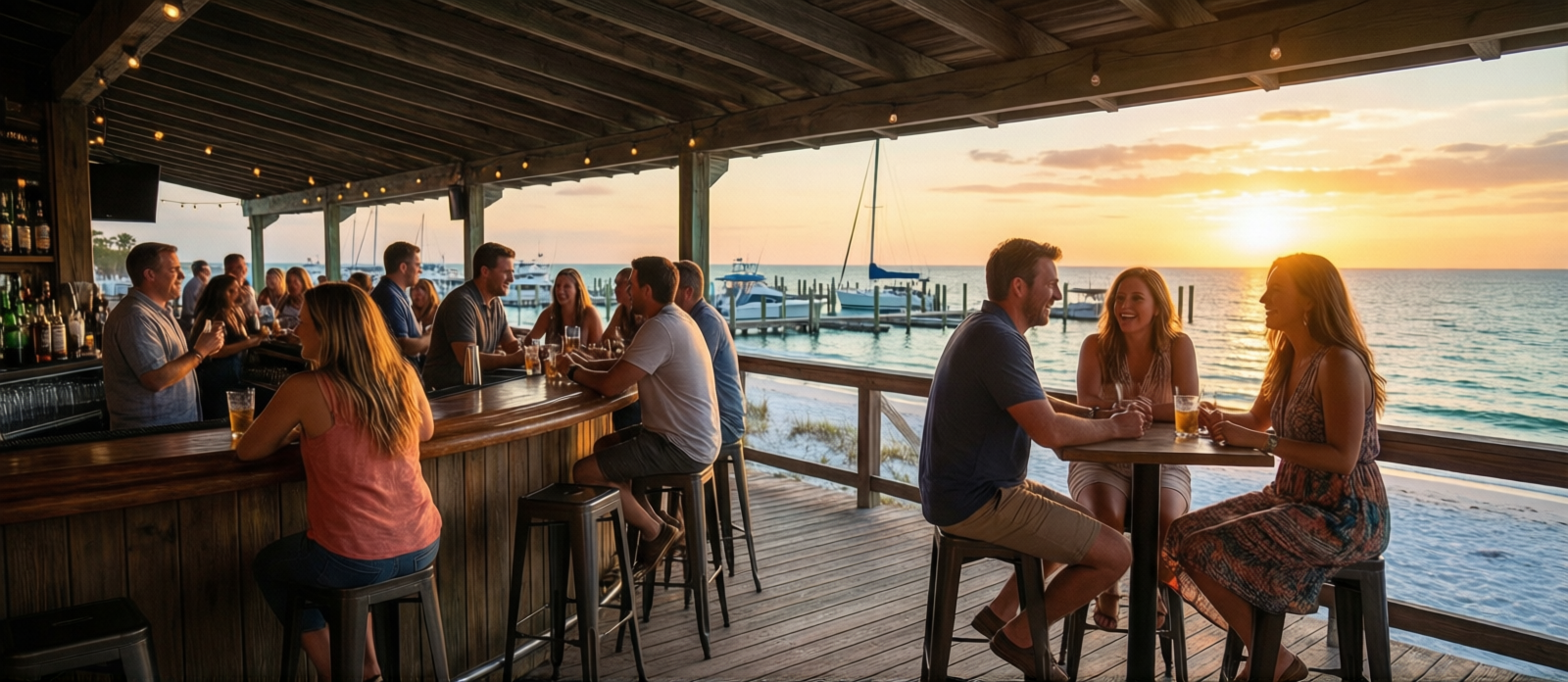 Lively outdoor bar at Destin HarborWalk Village at sunset, people socializing at high-top tables over the marina, warm golden light