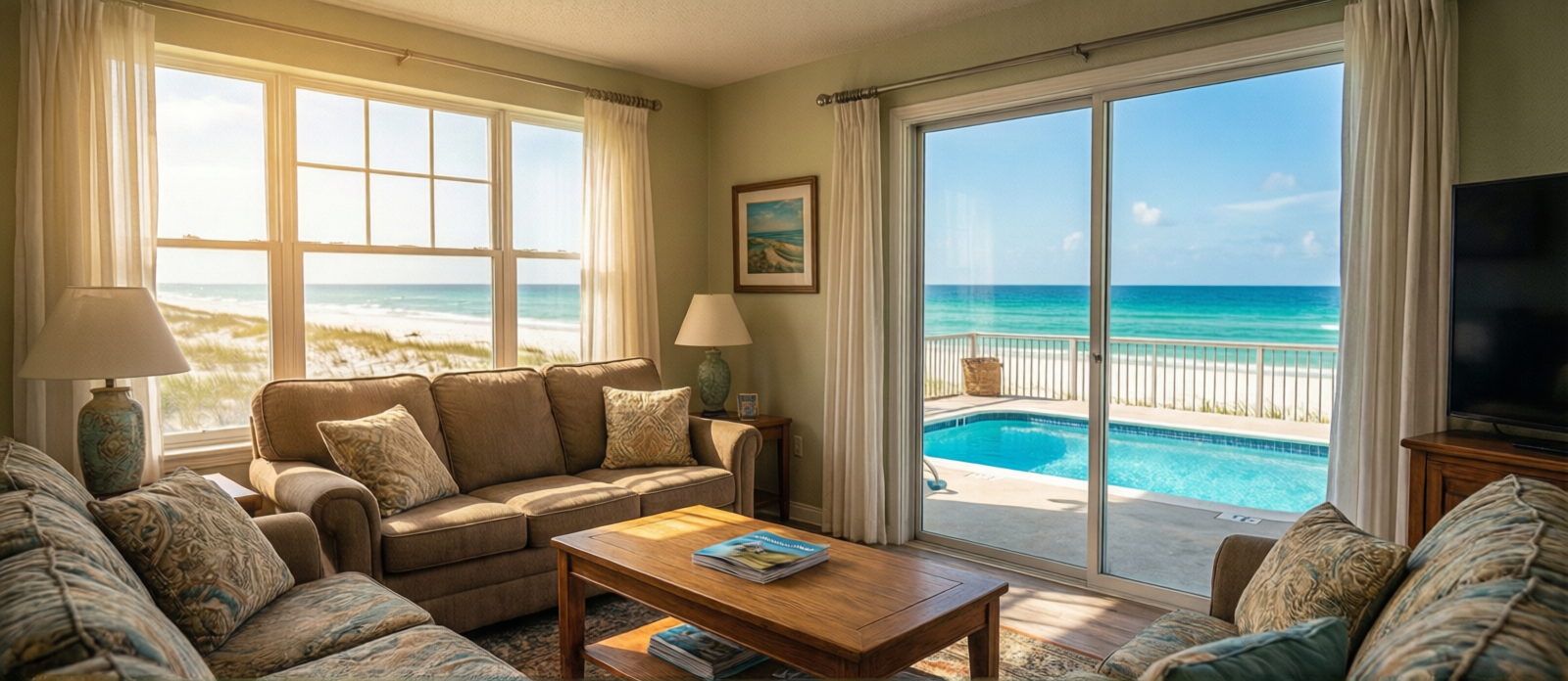 Bright sunlit living room of a Miramar Beach Florida vacation rental home, private pool visible through glass door