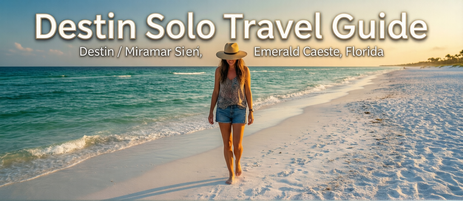 Solo woman in a sun hat walking barefoot along an empty white sand beach in Destin Florida at golden hour