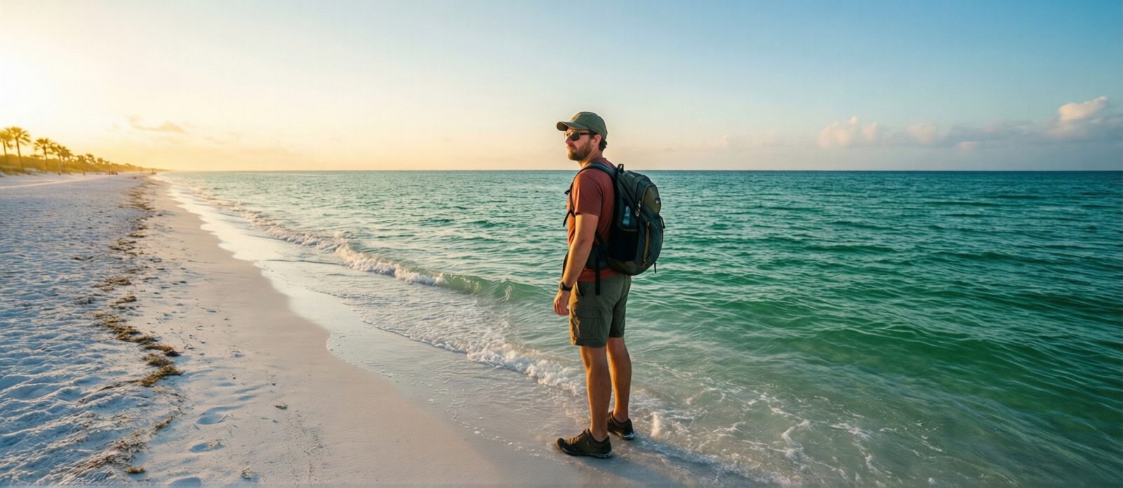 Solo traveler at the water's edge on a white sand beach in Destin Florida at sunrise, emerald green Gulf stretching to the horizon