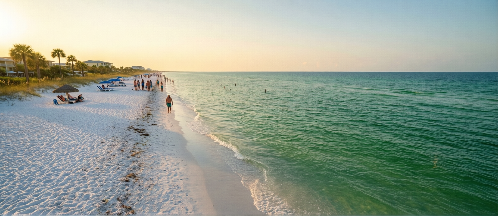 Early morning at Destin beach with few people on white sand, calm emerald green Gulf water, golden sunrise light