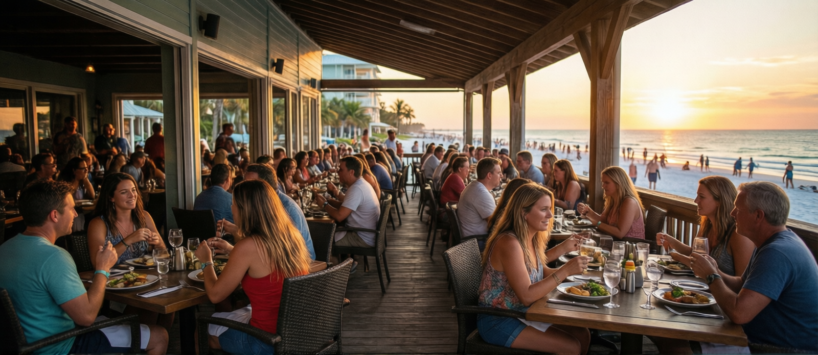 Destin Florida restaurant with outdoor seating, waterfront views, sunset dining atmosphere, and summer evening crowd