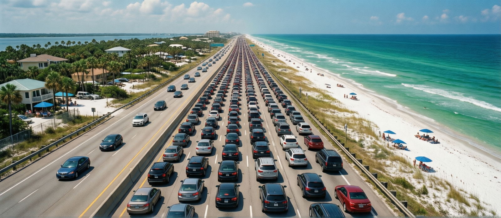 US-98 traffic in Destin Florida showing cars backed up along the Emerald Coast highway in summer, aerial view of coastal road
