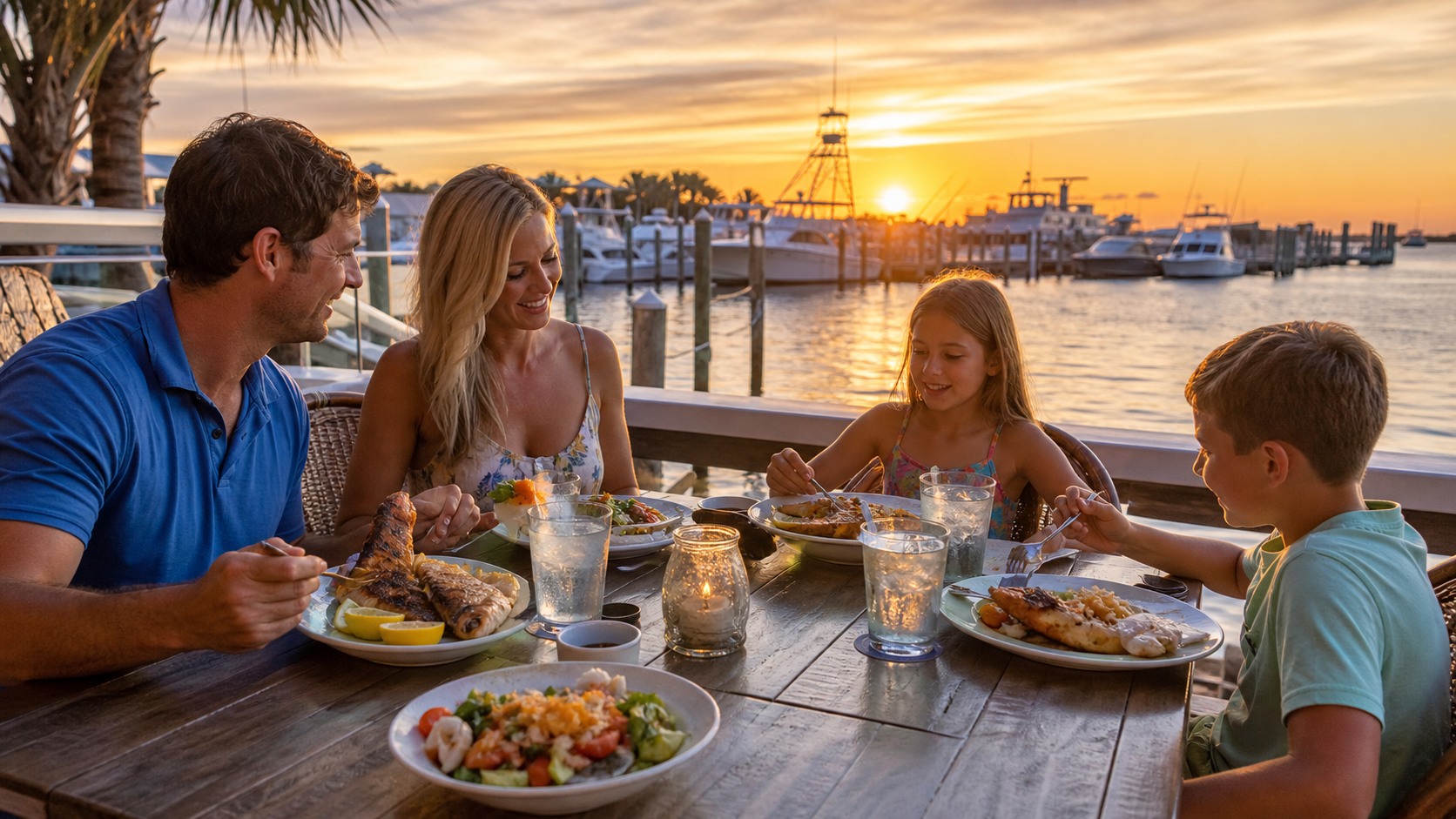 Casual waterfront seafood restaurant in Destin Florida with outdoor tables, harbor view, and a family enjoying a fresh fish dinner at sunset