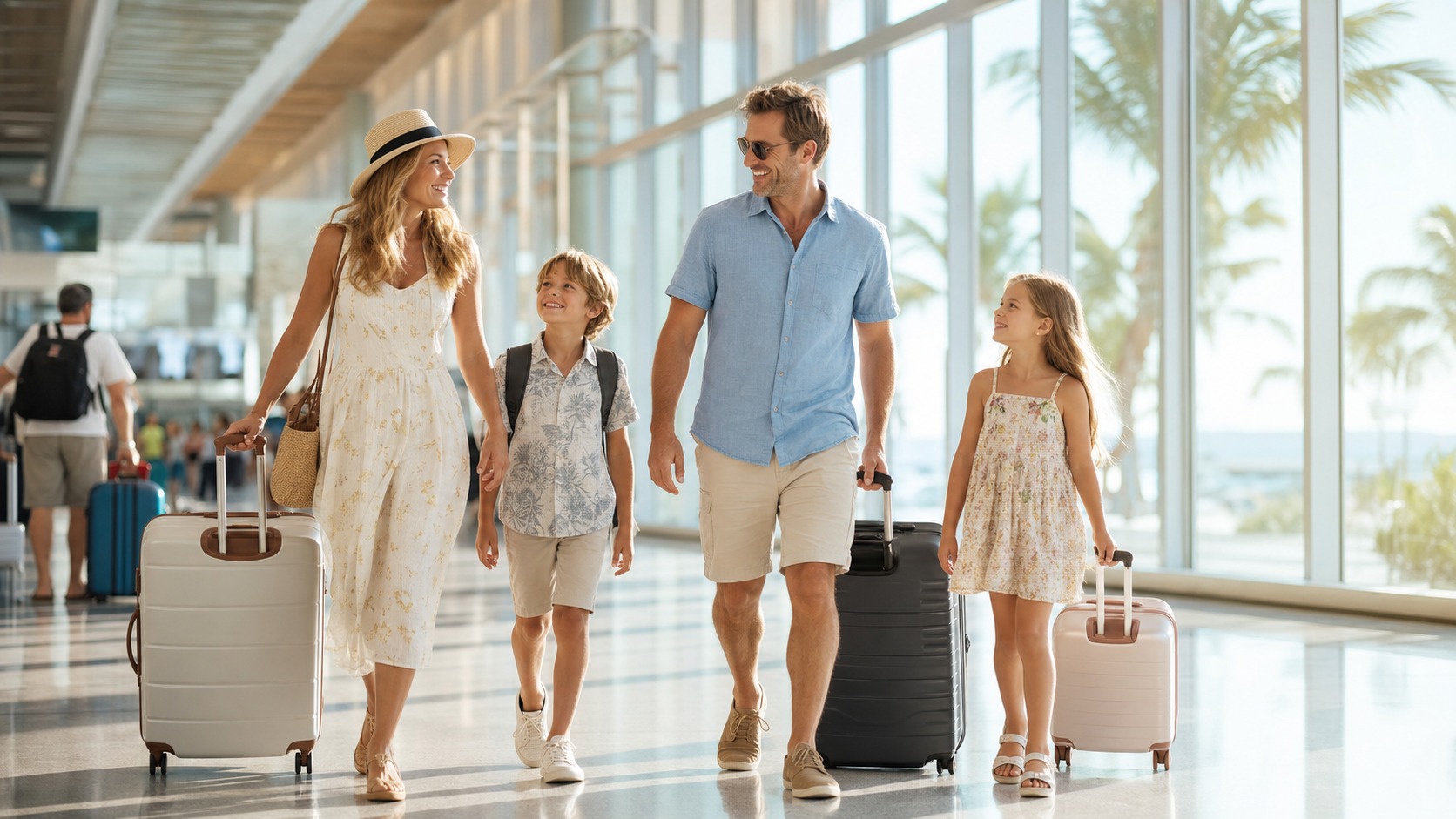 Family with rolling suitcases walking through a bright modern airport terminal, smiling and excited, sunlight streaming through tall windows